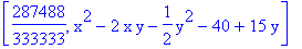 [287488/333333, x^2-2*x*y-1/2*y^2-40+15*y]